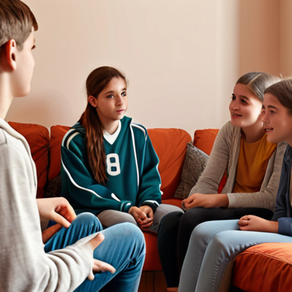 **

Teenagers sitting comfortably in a cozy room, attentively listening to an adult figure who is speaking to them in a friendly and supportive manner, creating a safe atmosphere.

**