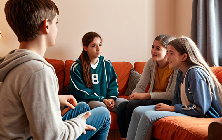 **

Teenagers sitting comfortably in a cozy room, attentively listening to an adult figure who is speaking to them in a friendly and supportive manner, creating a safe atmosphere.

**