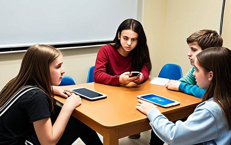 **

A diverse group of teenagers are gathered around a table, some looking at smartphones, others engaging in a discussion with a trusted adult (parent or teacher). The scene is warm and inviting, conveying a sense of open communication. The focus is on digital safety: protecting personal information online, recognizing misinformation, and practicing critical thinking. The background could subtly feature icons representing popular social media platforms and messaging apps. The overall feel should be modern and relevant to the digital lives of Russian youth.

**