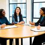 A diverse group of adults, fully clothed in modest, professional attire, are seated around a modern, collaborative table in a brightly lit community education center. They are engaged in an open and respectful dialogue, with gestures of active listening and understanding. The setting promotes a supportive and educational atmosphere. Perfect anatomy, correct proportions, natural pose, well-formed hands, proper finger count, natural body proportions, safe for work, appropriate content, professional, high quality, realistic photography.