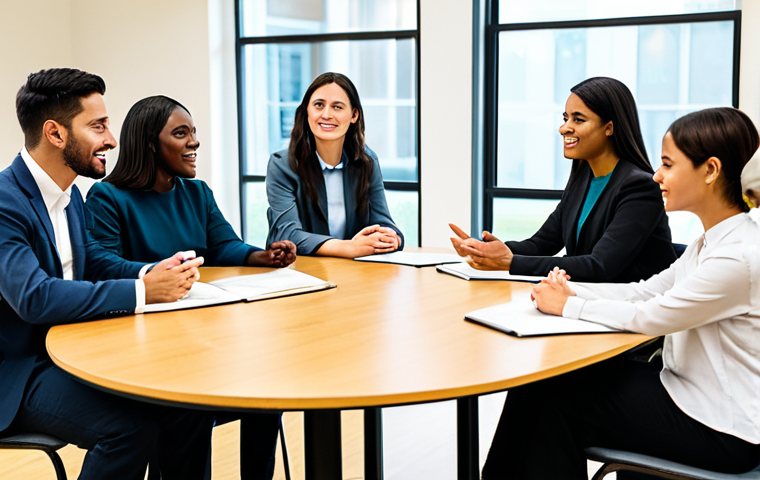 A diverse group of adults, fully clothed in modest, professional attire, are seated around a modern, collaborative table in a brightly lit community education center. They are engaged in an open and respectful dialogue, with gestures of active listening and understanding. The setting promotes a supportive and educational atmosphere. Perfect anatomy, correct proportions, natural pose, well-formed hands, proper finger count, natural body proportions, safe for work, appropriate content, professional, high quality, realistic photography.