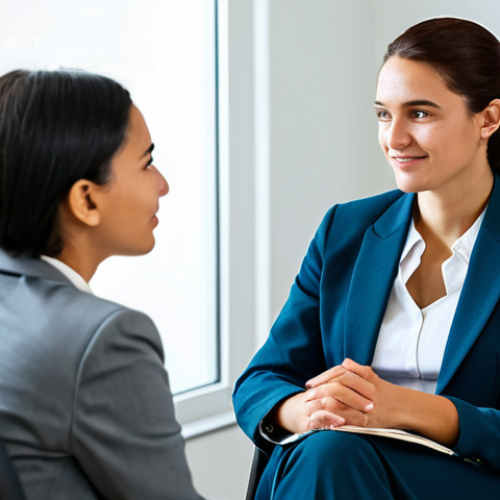 Home 23 A professional female counselor, in a modest business suit, gently conversing with a young adult female client in a modern, brightly lit therapy office. They are seated opposite each other, maintaining eye contact, conveying active listening and empathy. The atmosphere is calm and supportive, focusing on open communication and understanding. Both subjects are fully clothed, in appropriate attire, professional dress. Perfect anatomy, correct proportions, natural pose, well-formed hands, proper finger count, natural body proportions. Safe for work, appropriate content, family-friendly, high quality, professional photography.