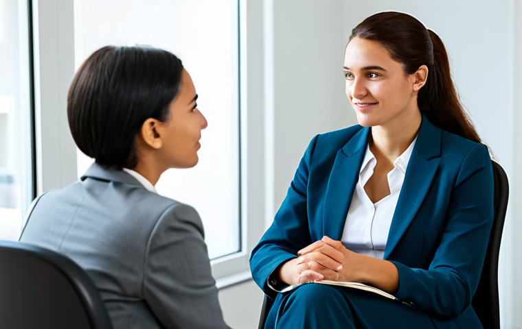 A professional female counselor, in a modest business suit, gently conversing with a young adult female client in a modern, brightly lit therapy office. They are seated opposite each other, maintaining eye contact, conveying active listening and empathy. The atmosphere is calm and supportive, focusing on open communication and understanding. Both subjects are fully clothed, in appropriate attire, professional dress. Perfect anatomy, correct proportions, natural pose, well-formed hands, proper finger count, natural body proportions. Safe for work, appropriate content, family-friendly, high quality, professional photography.