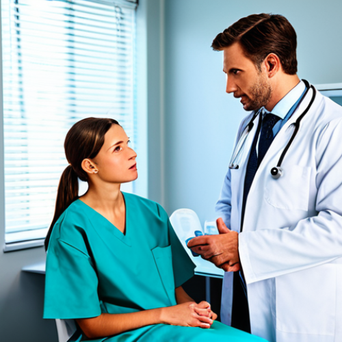 Home 22 ** A doctor in a professional clinic setting, fully clothed in medical attire, discussing safe sex practices with a young adult. The scene is brightly lit and sterile, emphasizing health and well-being. Safe for work, appropriate content, professional, educational.
**