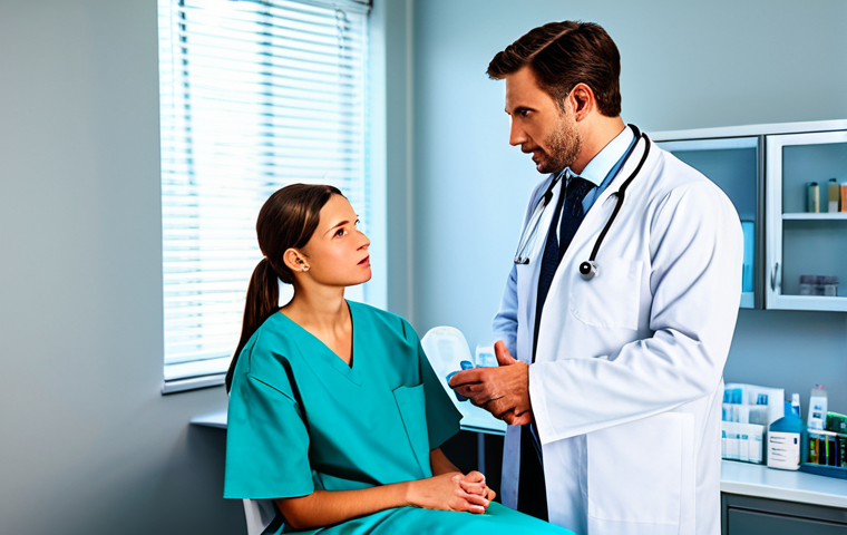 ** A doctor in a professional clinic setting, fully clothed in medical attire, discussing safe sex practices with a young adult. The scene is brightly lit and sterile, emphasizing health and well-being. Safe for work, appropriate content, professional, educational.

**