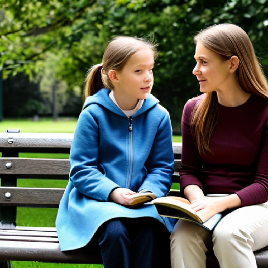 가정에서의 성교육 방법 - A mother and daughter sitting on a park bench, fully clothed, having a conversation. The daughter is...