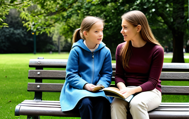 가정에서의 성교육 방법 - A mother and daughter sitting on a park bench, fully clothed, having a conversation. The daughter is...