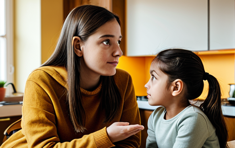 가정에서의 성교육 방법 - A family of four in a modern living room, fully clothed, discussing a video about healthy relationsh...