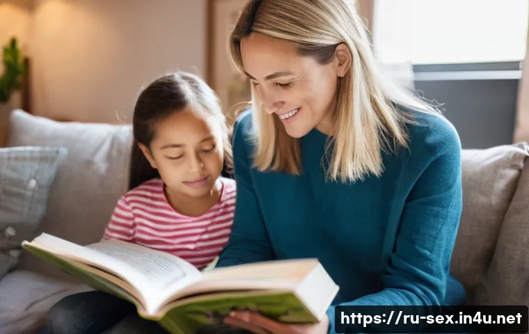 성교육과 성적 다양성 - **Prompt:** A heartwarming scene depicting a mother and her child (around 8-10 years old) sitting to...