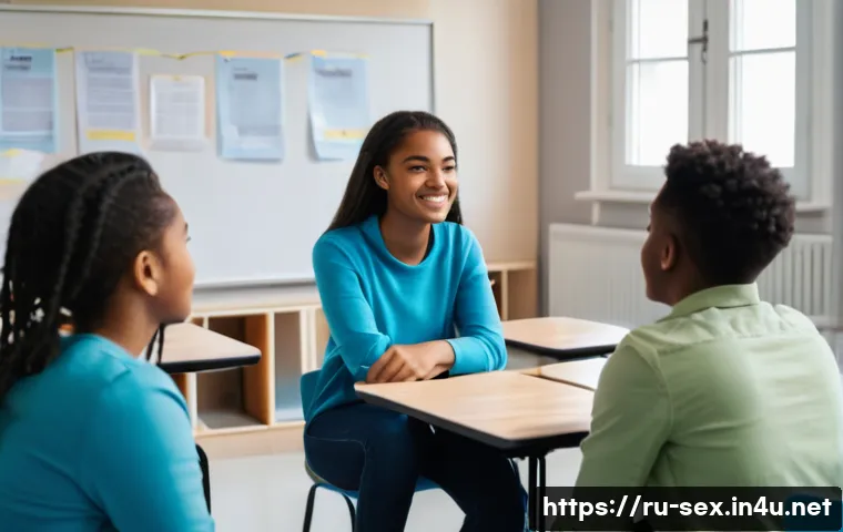 성교육 연구 논문 - A diverse group of European teenagers sitting in a bright, modern classroom engaged in an open discu...