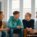 성교육과 생식 건강 - A diverse group of Russian teenagers in casual modern clothing, sitting together in a bright, cozy l...