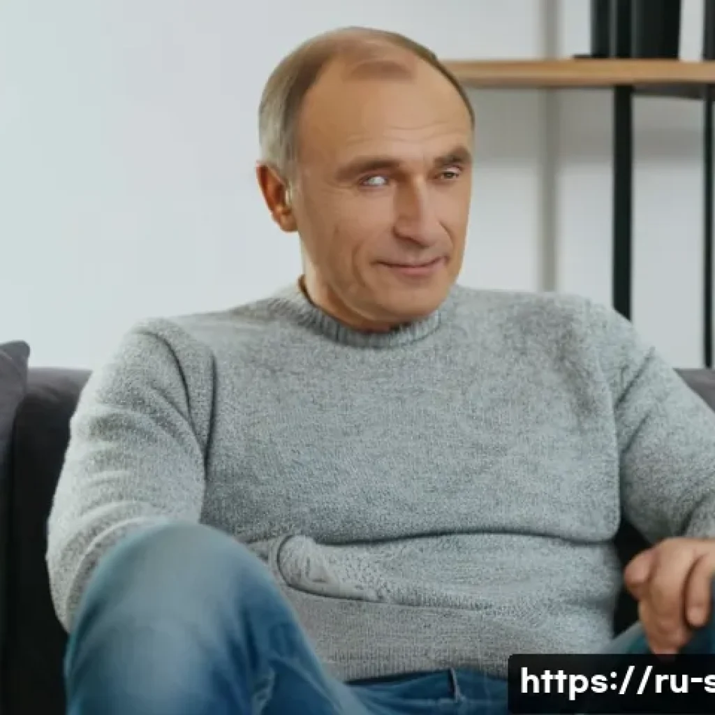 성교육과 남성 인권 - A thoughtful middle-aged Russian man sitting in a cozy modern living room, dressed casually in a fit...