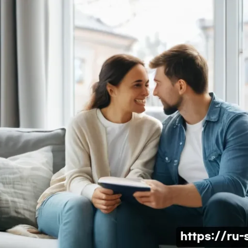 성교육과 성적 환상 관리 - A warm, inviting living room scene showing a diverse Russian couple in their 30s having an open, hon...