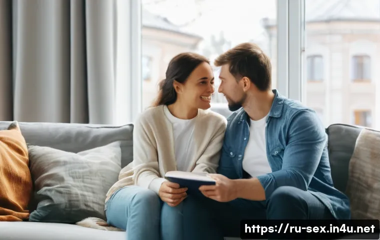 성교육과 성적 환상 관리 - A warm, inviting living room scene showing a diverse Russian couple in their 30s having an open, hon...