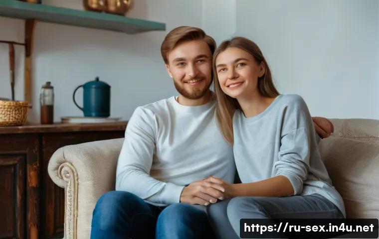 성교육과 성적 친밀감 - A warm and intimate scene of a young Russian couple in casual home clothing, sitting close together ...