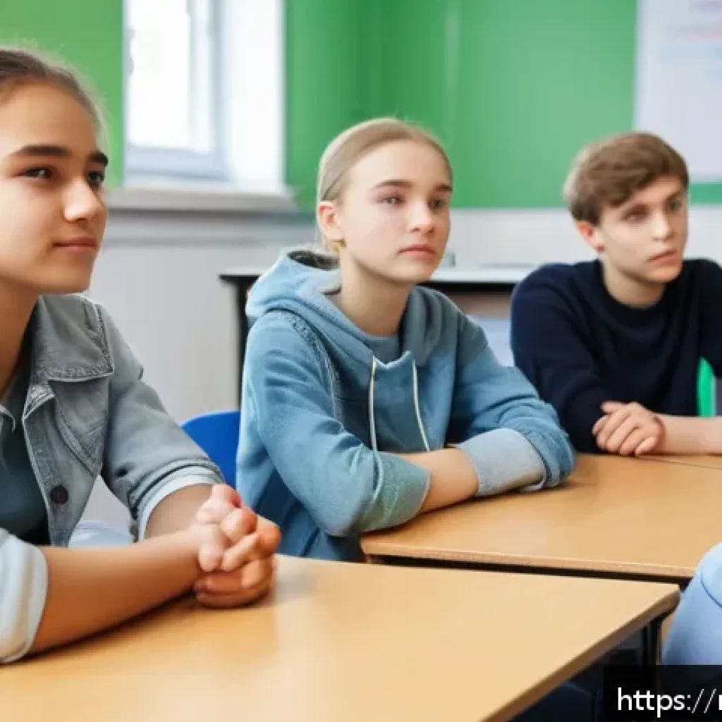 성교육과 성희롱 예방 - A diverse group of confident Russian teenagers sitting in a bright, modern classroom during a worksh...