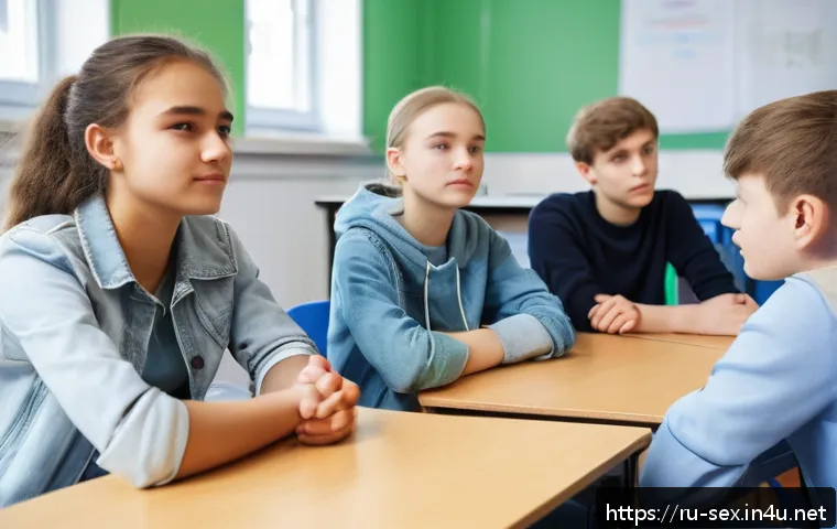 성교육과 성희롱 예방 - A diverse group of confident Russian teenagers sitting in a bright, modern classroom during a worksh...