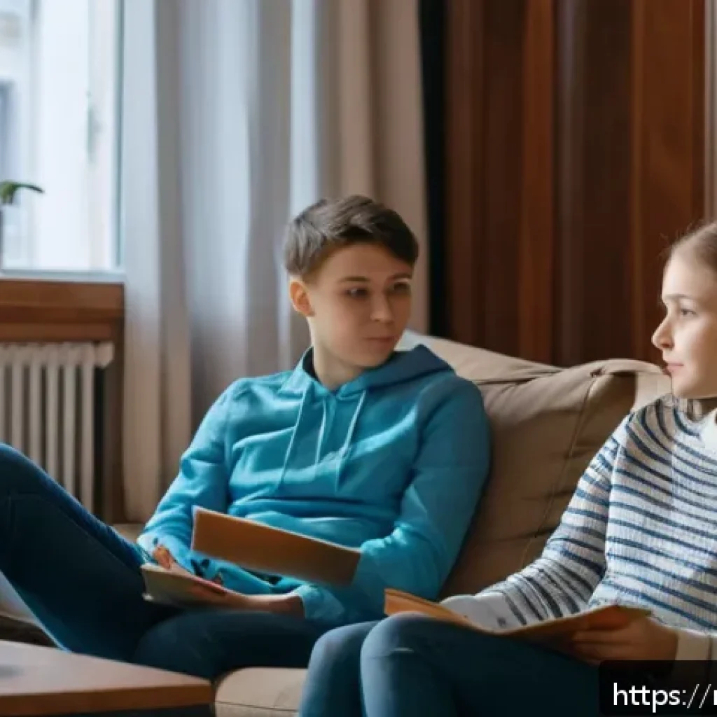 성교육과 성적 탐색 과정 - A warm, inviting living room scene in a modern Russian apartment where a caring parent and a teenage...