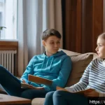 Home 23 성교육과 성적 탐색 과정 - A warm, inviting living room scene in a modern Russian apartment where a caring parent and a teenage...