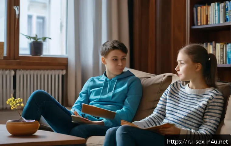 성교육과 성적 탐색 과정 - A warm, inviting living room scene in a modern Russian apartment where a caring parent and a teenage...